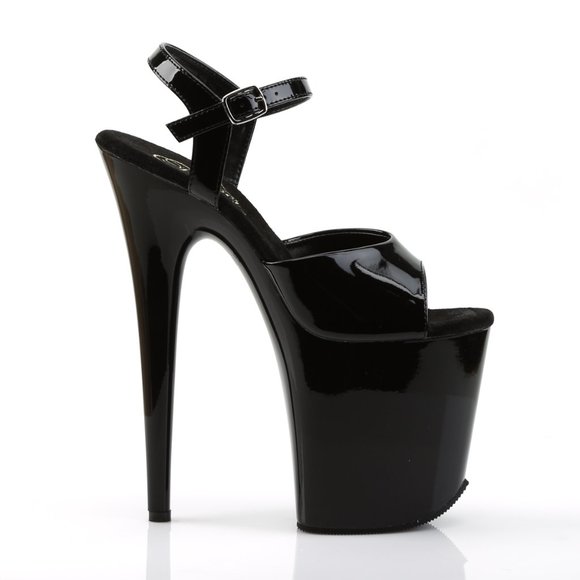 Pleaser Flamingo-809 Black Patent Platform Sandals 8 Inch Heels With Ankle Strap - Picture 3 of 5
